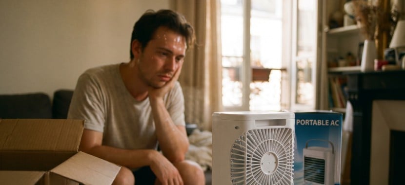 un homme suffoque devant un faux climatiseur