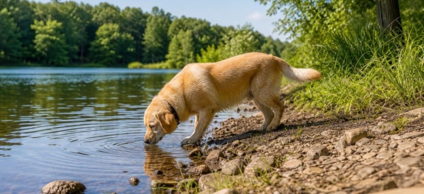 chien qui boit dans un lac
