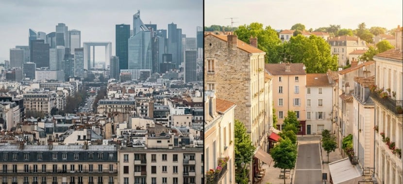 à gauche le quartier de La Defense, à droite une ville moyenne