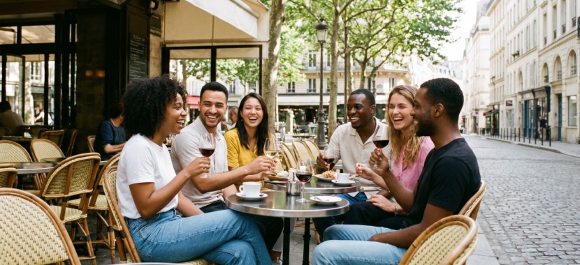 Groupe d'amis en terrasse à Paris