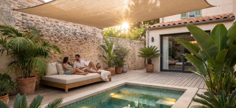 un couple profite de la fin de journée au bord de leur piscine