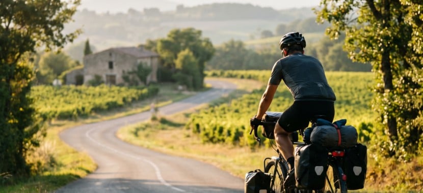 un homme à vélo sur une route de campagne