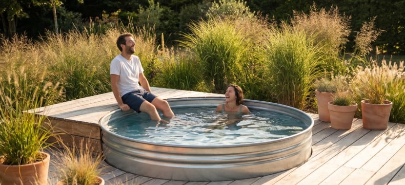 un couple rit en se rafraichissant dans un stock tank
